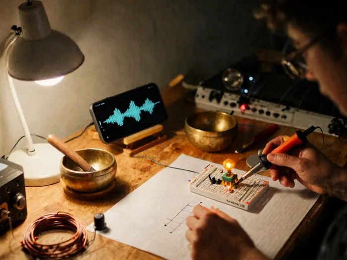 AI-generated concept of a person at an electronics and audio workbench with a tablet waveform and brass singing bowls