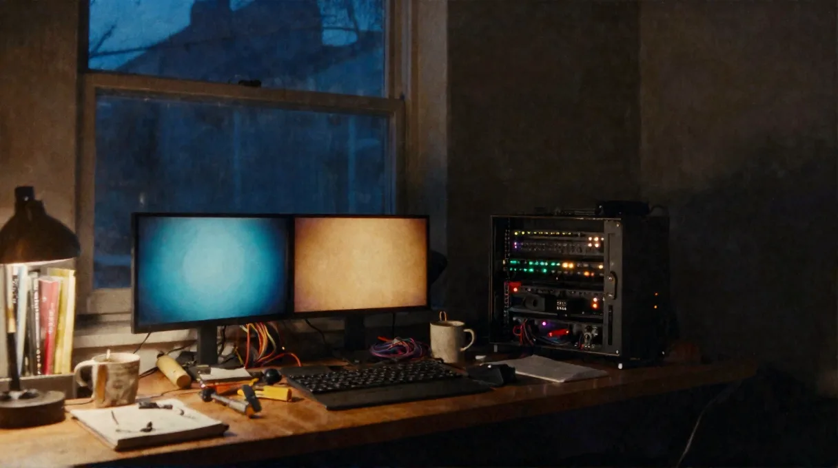 AI-generated concept of warm magic-hour light across a workshop desk with monitors, tools, and cables